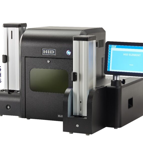 The printer of HID ELEMENT LE Industrial ID and Financial Card Personalization.