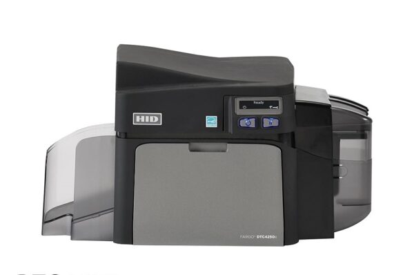 A DTC4250e printer and ribbon.