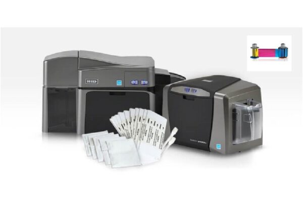 An image of FARGO DTC1250e card printer with cleaning kits.